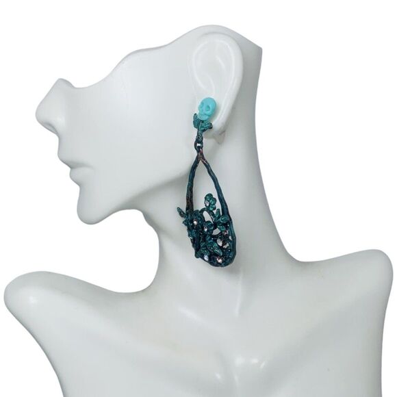 Betsey Johnson TEAL PATINA Skull Large Hoop Earrings 2" Crystal Statement - Picture 5 of 12